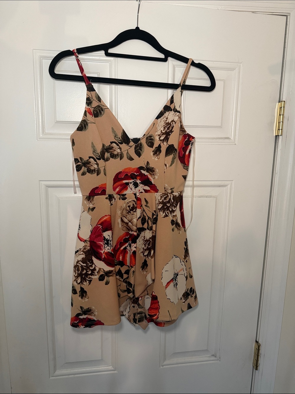 privy Beige Floral V-Neck Romper with Red Accents